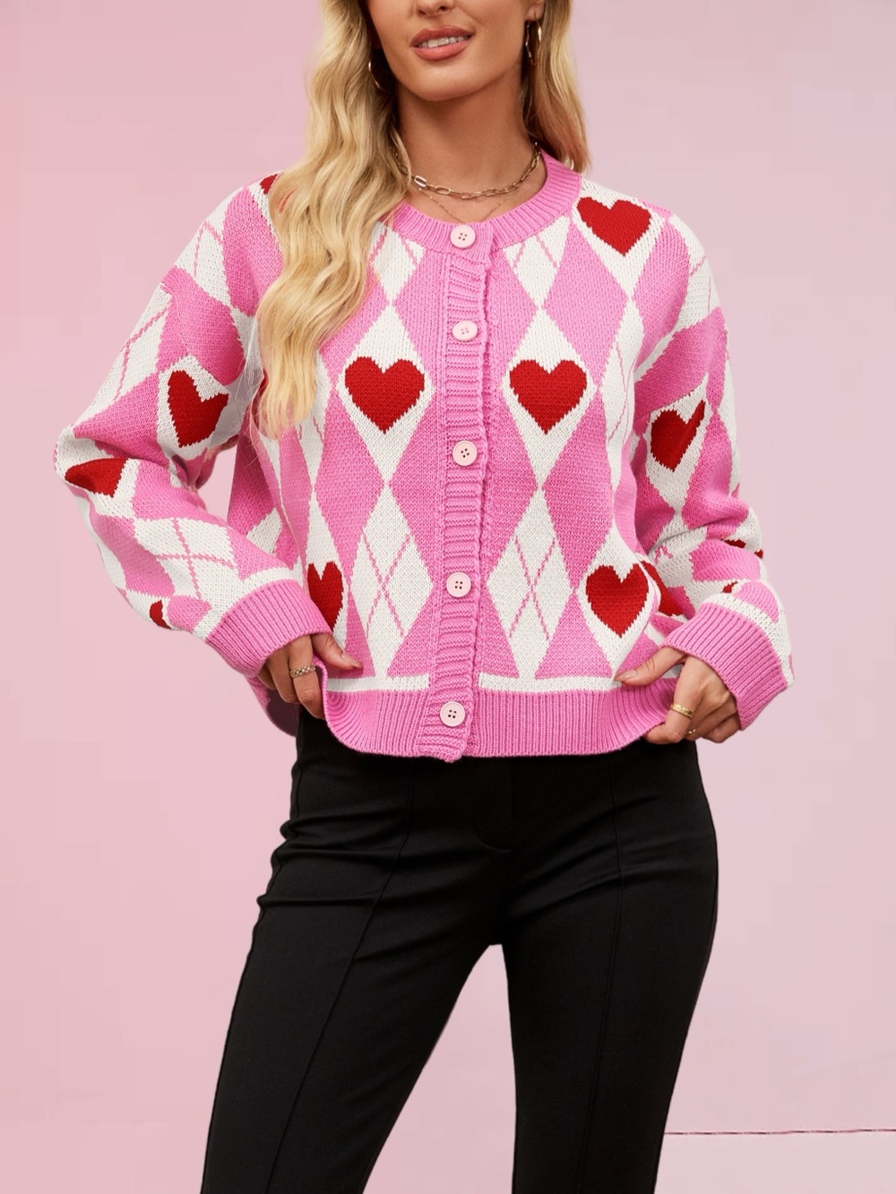 Heart Pattern Button-Up Cardigan - Picture 3 of 10